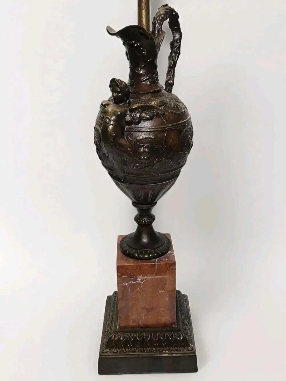 Grand Tour Style Bronze Figural Ewer Lamp Red Marble Base Heavy 29